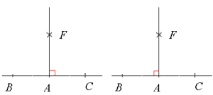 Til venstre: Vi merkerer 90 graders vinkel med en liten kvadrat (istedet for bue slik vi gjør med vilkårlige vinkler). Vinkelen er CAF Til høyre: Vinkelen BAF er også 90 grader.